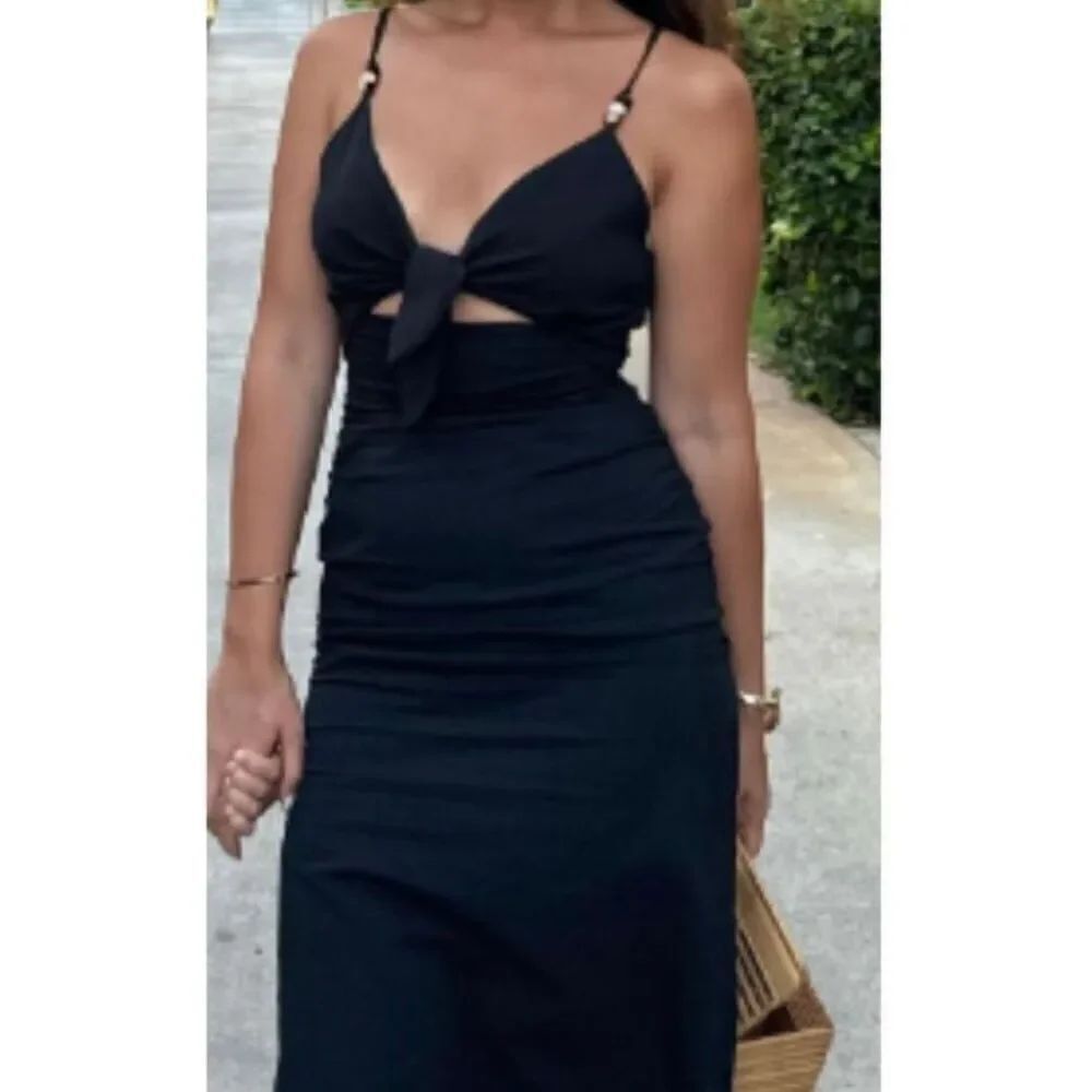 Zara, NWT women’s front tie black midi dress size small ￼